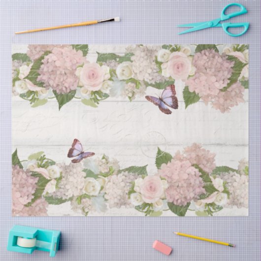 Papier Mousseline Pink Hydrangea Rose Butterfly Flower Script (Artisanat)