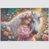 Papier Mousseline Pink Rose Whimsy Unicorn And Girl Decoupage (Recto)