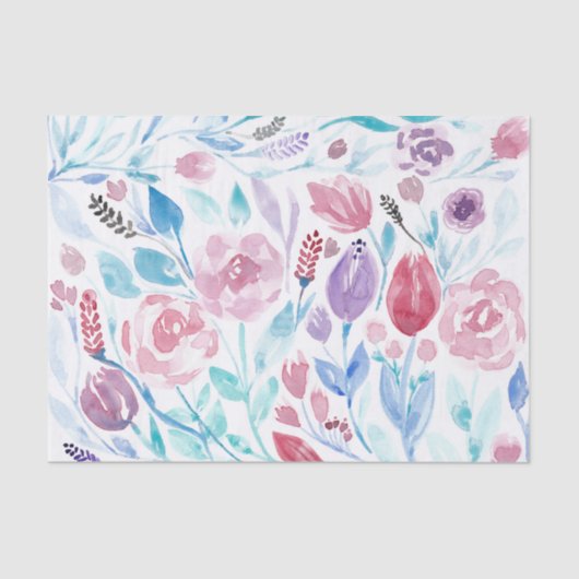Papier Mousseline Pink Turquoise Bleu Ressort Aquarelle Fleurs Motif (Recto)