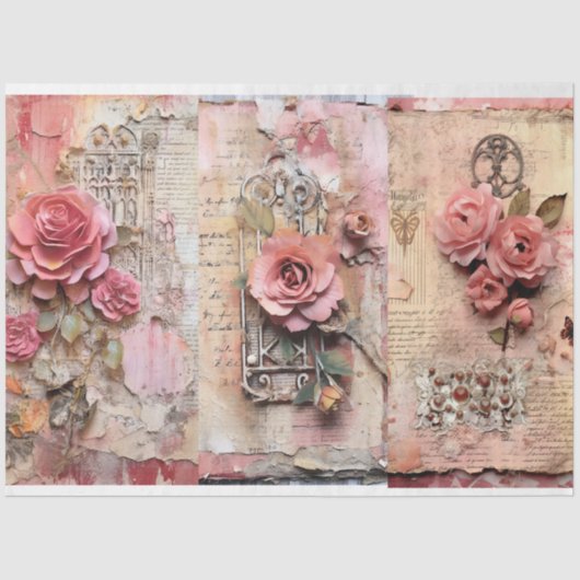 Papier Mousseline Pink Vintage Floral Grunge Decoupage (Recto)