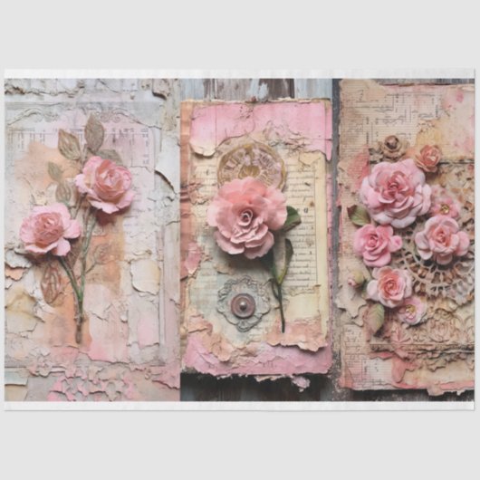 Papier Mousseline Pink Vintage Floral Grunge Decoupage (Recto)