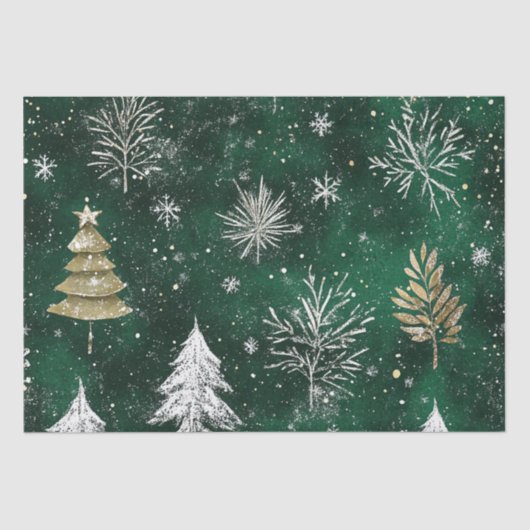 Papier Mousseline Pins d'or Silver Snowflakes Hunter Green (Recto)
