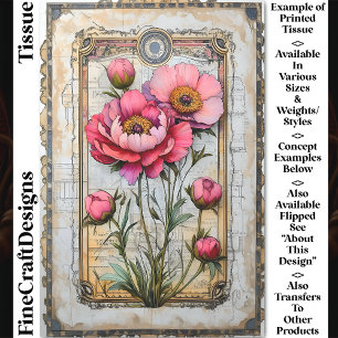 Papier Mousseline Pivoines roses luxuriantes sur parchemin vieilli d