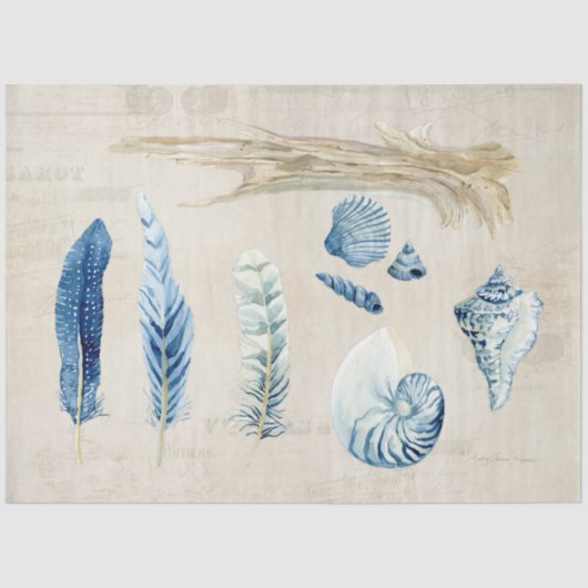 Papier Mousseline Plage Ocean Sea Shells Plumes Découpage bleu (Recto)