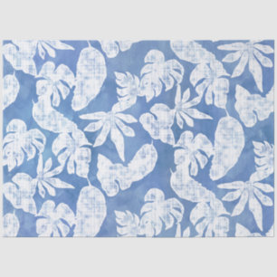 Papier Mousseline Plage Tropical Jungle Feuillage Bleu et blanc