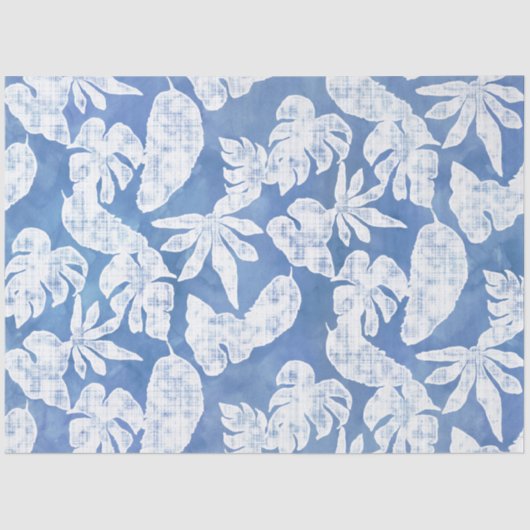 Papier Mousseline Plage Tropical Jungle Feuillage Bleu et blanc (Recto)