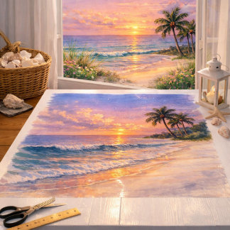 Papier Mousseline Plage Tropicale Lever de Soleil Art Aquarelle