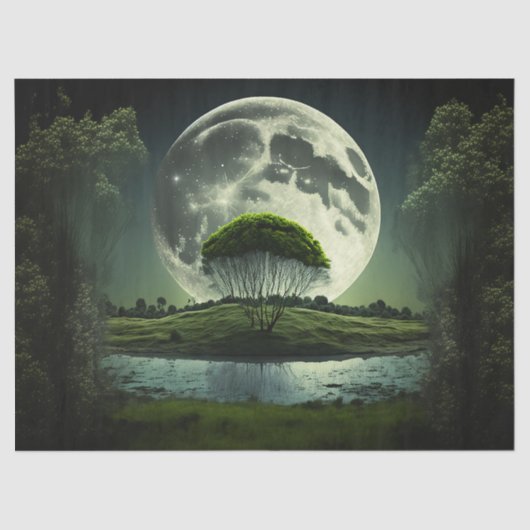 Papier Mousseline Pleine lune avec arbre et décantation fluviale (Recto)