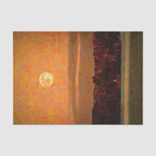 Papier Mousseline Pleine Lune Orange Coucher de Soleil Plage Peintur