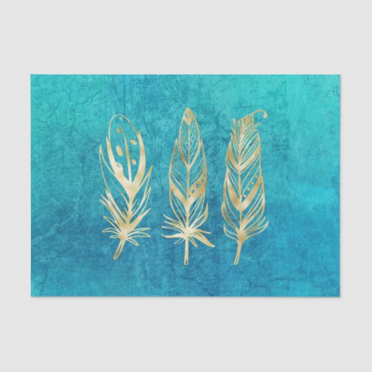 Papier Mousseline Plumes bleu turquoise et or Classique (Recto)