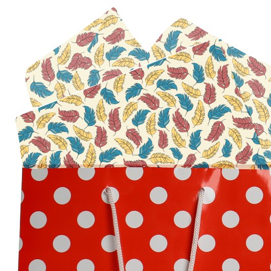 Papier Mousseline Plumes de dessin rouge, bleu et jaune sur crème