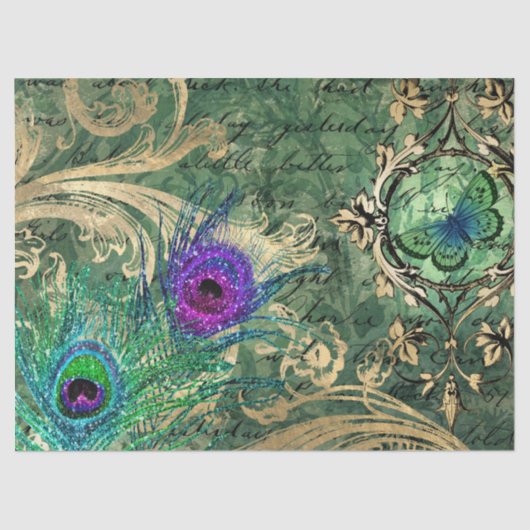 Papier Mousseline Plumes de paon et découpage de papillon (Recto)