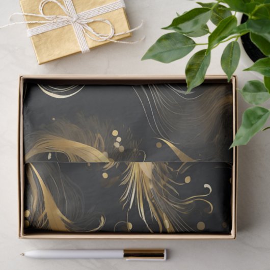 Papier Mousseline Plumes d'or en noir (Cadeau)