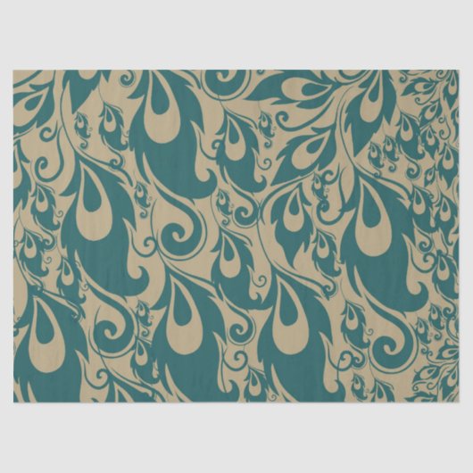 Papier Mousseline Plumes Peacock à crème turquoise (Recto)