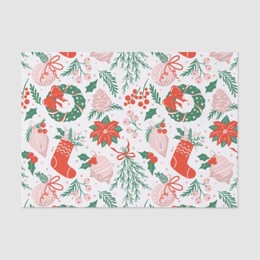 Papier Mousseline Poinsettia de Noël, baies et ornements (Recto)