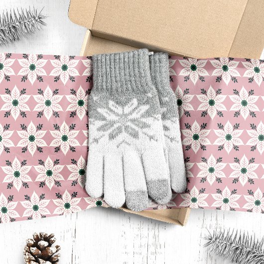 Papier Mousseline Poinsettias blancs sur Noël rose