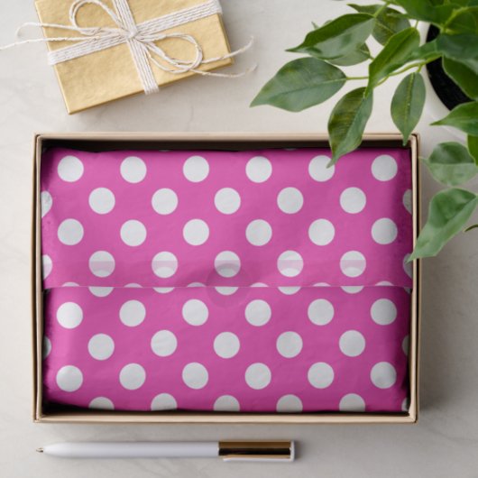 Papier Mousseline Pois blancs sur fuchsia (Cadeau)
