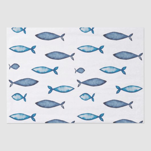 Papier Mousseline Poissons bleu indigo et couleur d'eau Turquoise (Recto)