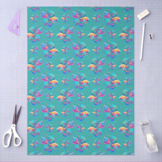 Papier Mousseline Poissons occupés Cyan (Artisanat)