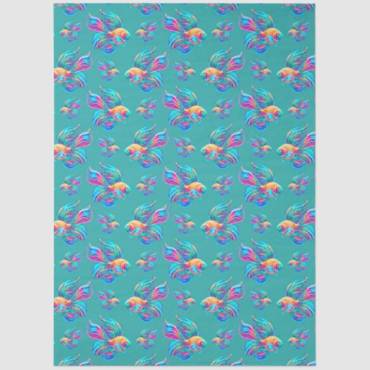 Papier Mousseline Poissons occupés Cyan (Recto)