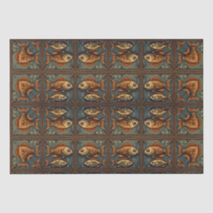 Papier Mousseline Poissons Steampunk Vert et Golden brown