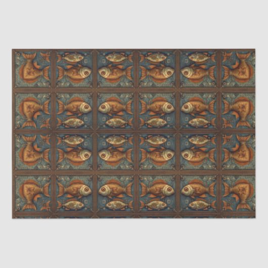 Papier Mousseline Poissons Steampunk Vert et Golden brown (Recto)