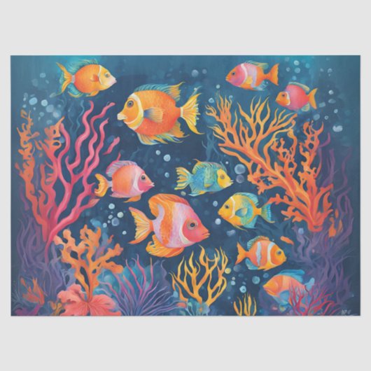 Papier Mousseline Poissons Tropicaux Vibrants (Recto)
