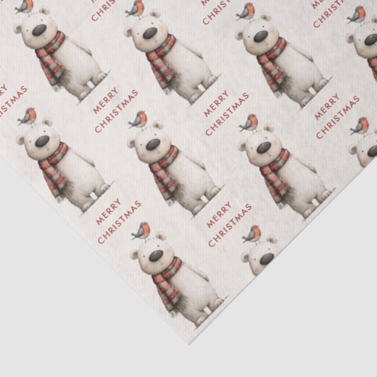 Papier Mousseline Polar Bear Robin Pattern Cream Merry Christmas (Détail)