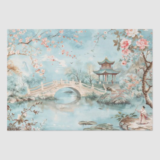 Papier Mousseline Pont Jardin Tranquille Chinoiserie Aquarelle (Recto)