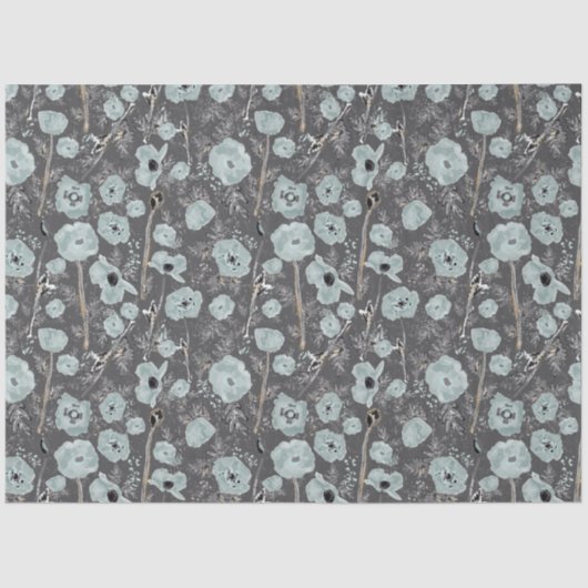 Papier Mousseline Poppies Gris Bleu Charbon Floral (Recto)