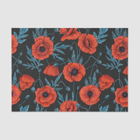 Papier Mousseline Poppies, rouge et bleu sur noir (Recto)