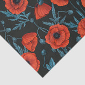 Papier Mousseline Poppies, rouge et bleu sur noir (Détail)