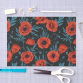 Papier Mousseline Poppies, rouge et bleu sur noir (Artisanat)