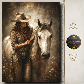 Papier Mousseline Portrait d'art western Cowgirl Toilettant Cheval B