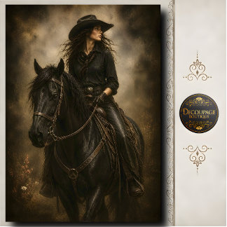 Papier Mousseline Portrait de cowgirl occidentale à cheval noir sur