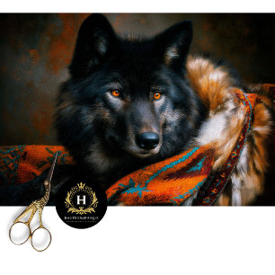 Papier Mousseline Portrait de Loup Noir Turquoise Braise