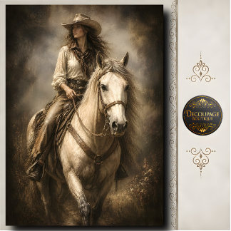 Papier Mousseline Portrait decoupage de cowgirl à cheval blanc weste