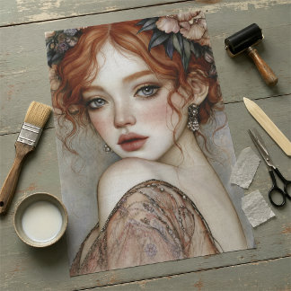 Papier Mousseline Portrait découpage floral de rousse vintage