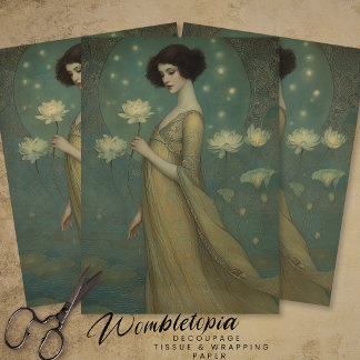 Papier Mousseline Portrait of Lady in Magical Lotus Garden Decoupage