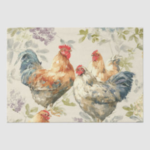 Papier Mousseline Poules de basse-cour et motif botanique