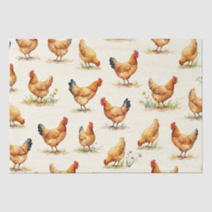 Papier Mousseline Poules de basse-cour et motif botanique
