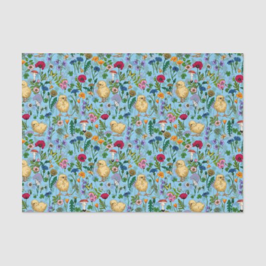 Papier Mousseline Poulets et fleurs sauvages sur bébé bleuChat dessi (Recto)