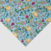 Papier Mousseline Poulets et fleurs sauvages sur bébé bleuChat dessi (Détail)