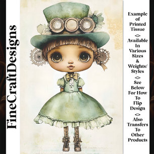 Papier Mousseline Poupée Steampunk Robe Verte & Chapeau AM5 Découpag
