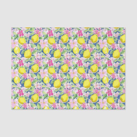 Papier Mousseline Preppy Palm Beach Imprimer Citrons bleu et jaune (Recto)