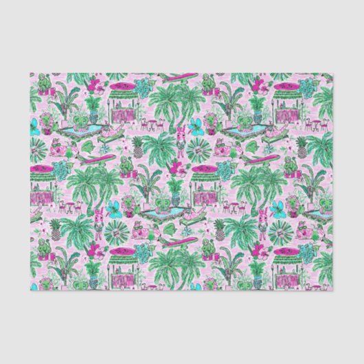 Papier Mousseline Preppy Palm Beach Imprimer rose et vert animal Vac (Recto)