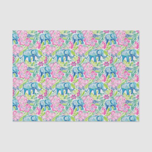 Papier Mousseline Preppy Palm Beach Print Blue and Pink Elephants (Recto)