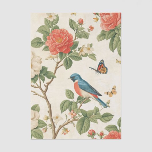 Papier Mousseline Pretty Bird and Butterflies with Peony Branches (Recto)