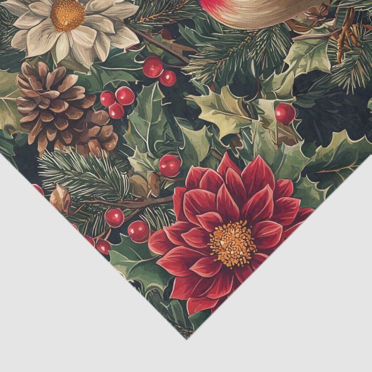 Papier Mousseline Pretty Bird on Pine Tree Branches with Flowers (Détail)