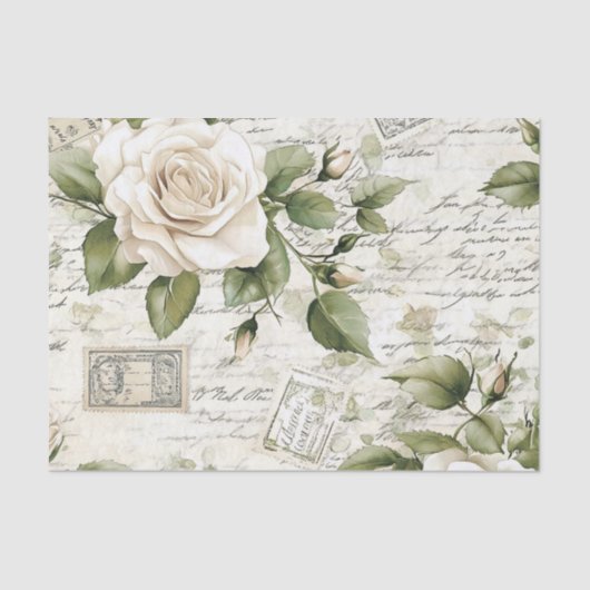 Papier Mousseline Pretty Ivory Roses with Simulated Text and Stamps (Recto)